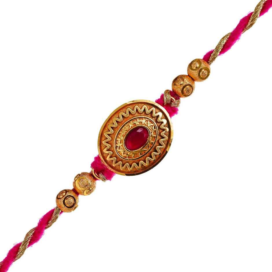 Kundan Designer Rakhi Golden Pink Beads with Roli Chawal | Pack of 1 | Ecraftindia