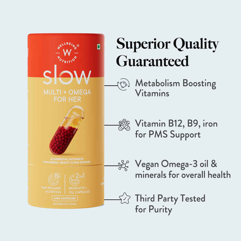 Wellbeing Nutrition Slow Multi + Omega for Her Multivitamin Vegan omega-3 Oil, B-complex