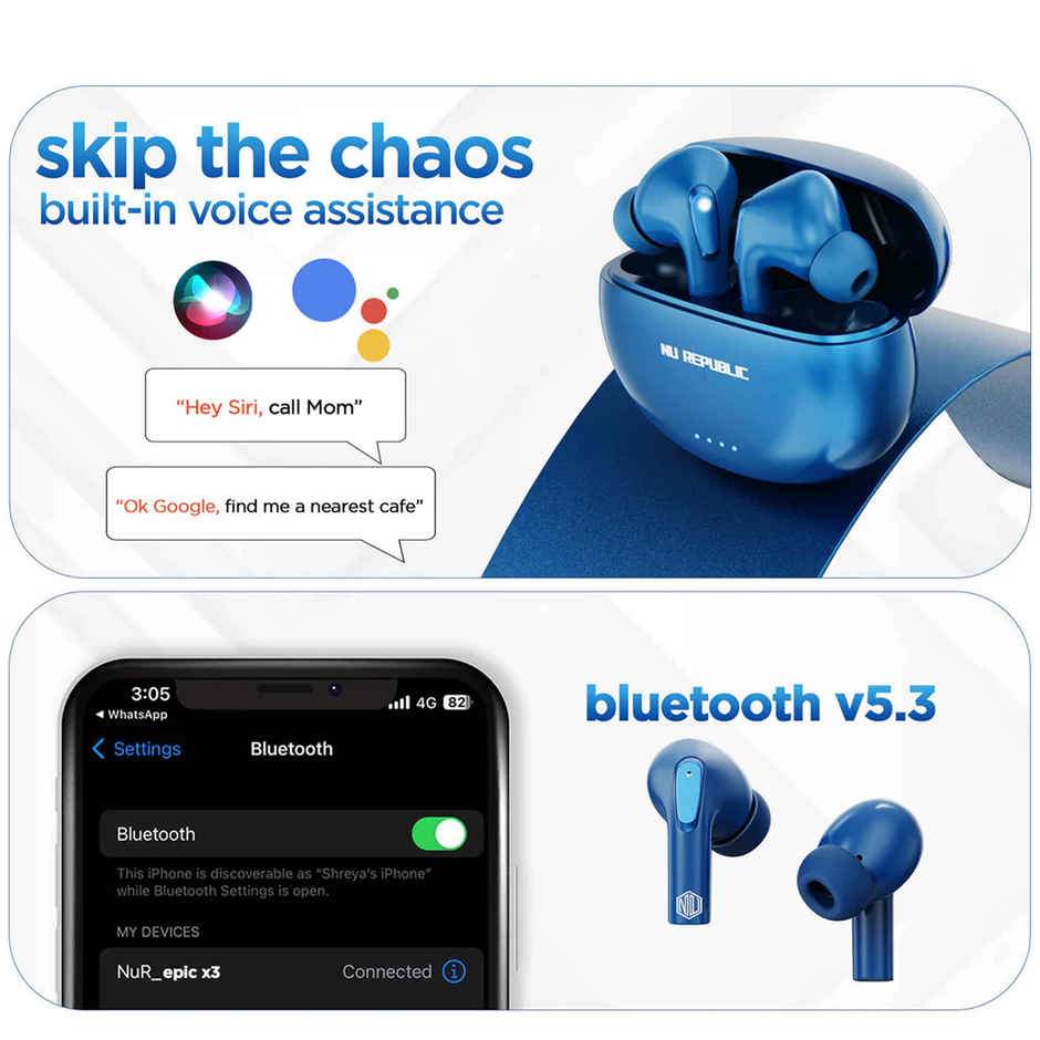 Nu Republic Epic X3 in Ear TWS Earbuds with Upto 48 hrs Playtime, X-Bass Technology, ENC Mic,Type-C Fast Charging - Blue
