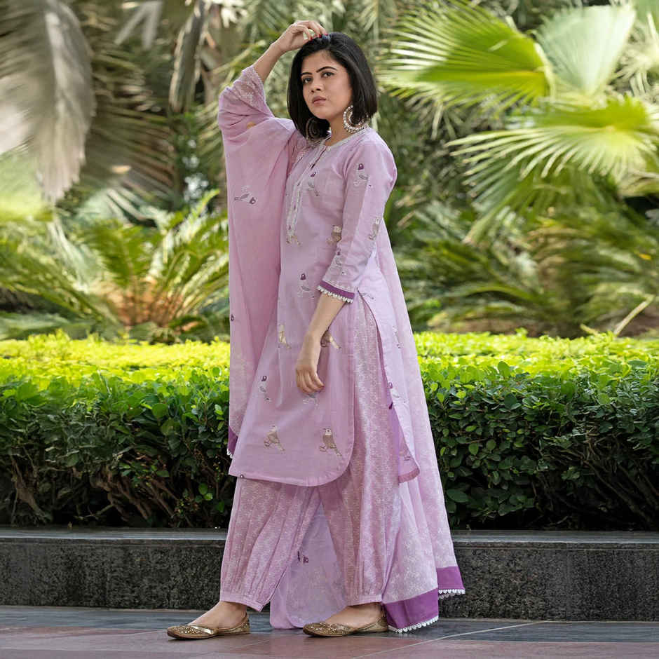 GoSriKi Women's Rayon Blend Straight Embroidered Kurta with Pant & Dupatta | RAGSRI | Purple - XL