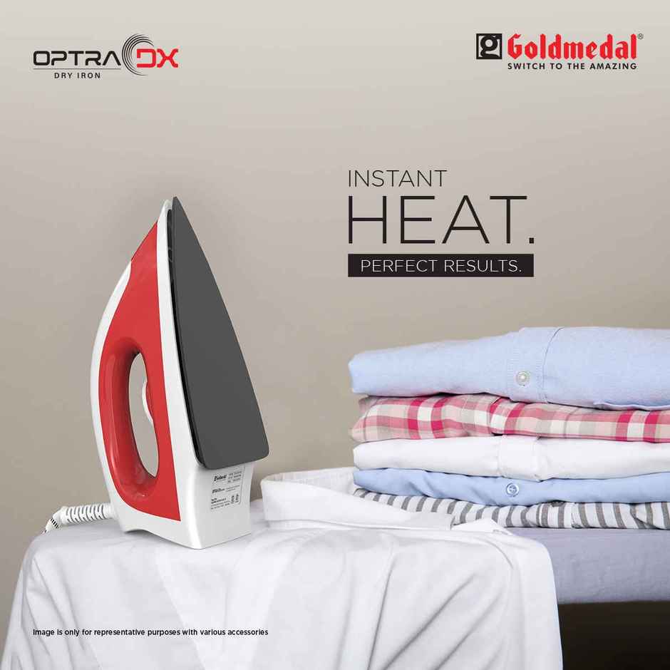 Goldmedal Optra DX 1000W Dry Iron, Non stick Weilburger Premium Coated Soleplate | Red & White