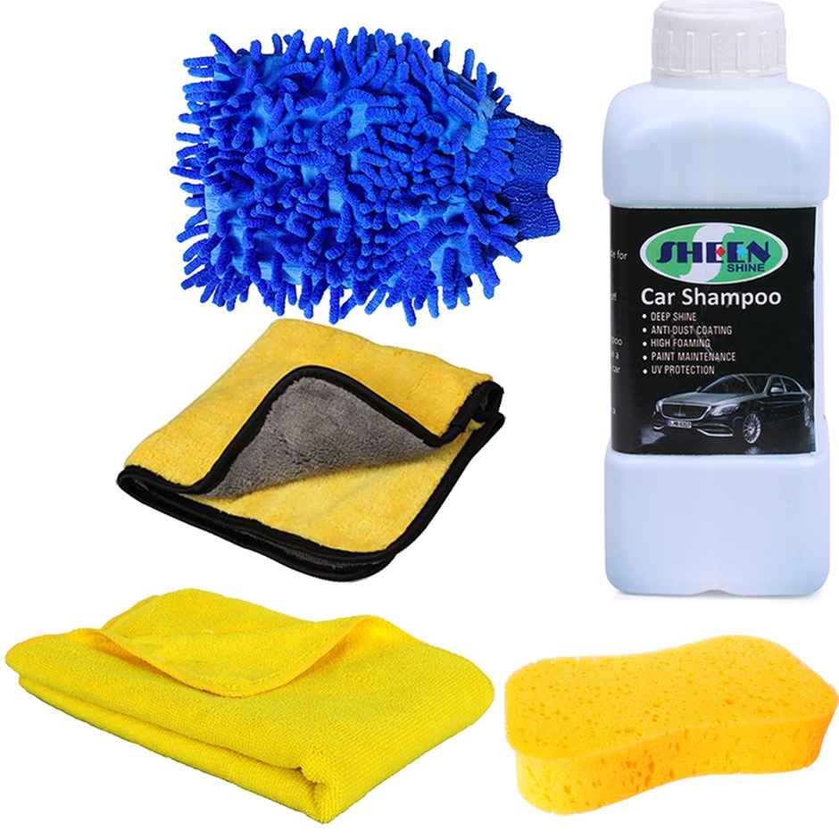 Sheen Automotive Cleaning Combo Shampoo 500 ml Sponge, Microfiber Cloth, Glove and Coral Microfiber
