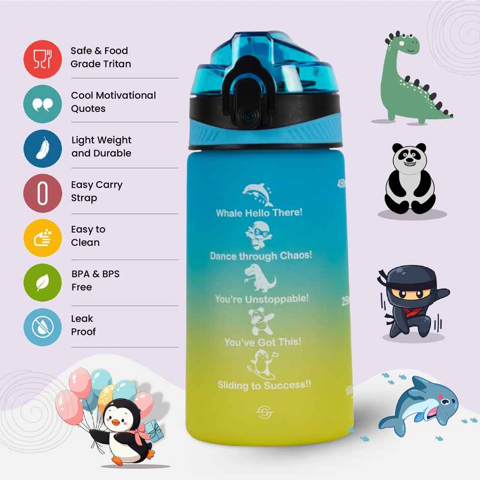 Solara Sipper Water Bottle 500Ml With Motivational Time Marker, Sipper Bottle For Kids -Yellow Blue