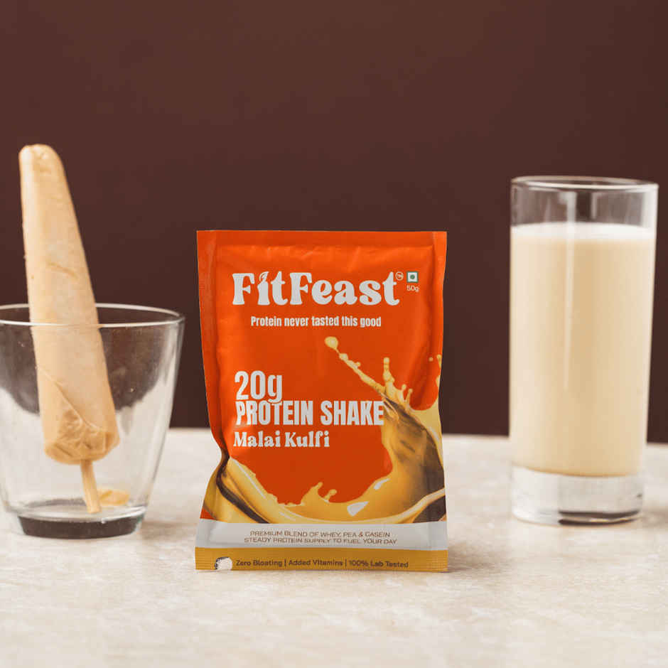FitFeast Lab-Tested Malai Kulfi 20g Protein Shake Sachets (7) + Free Shaker | Zero Bloating Guarantee