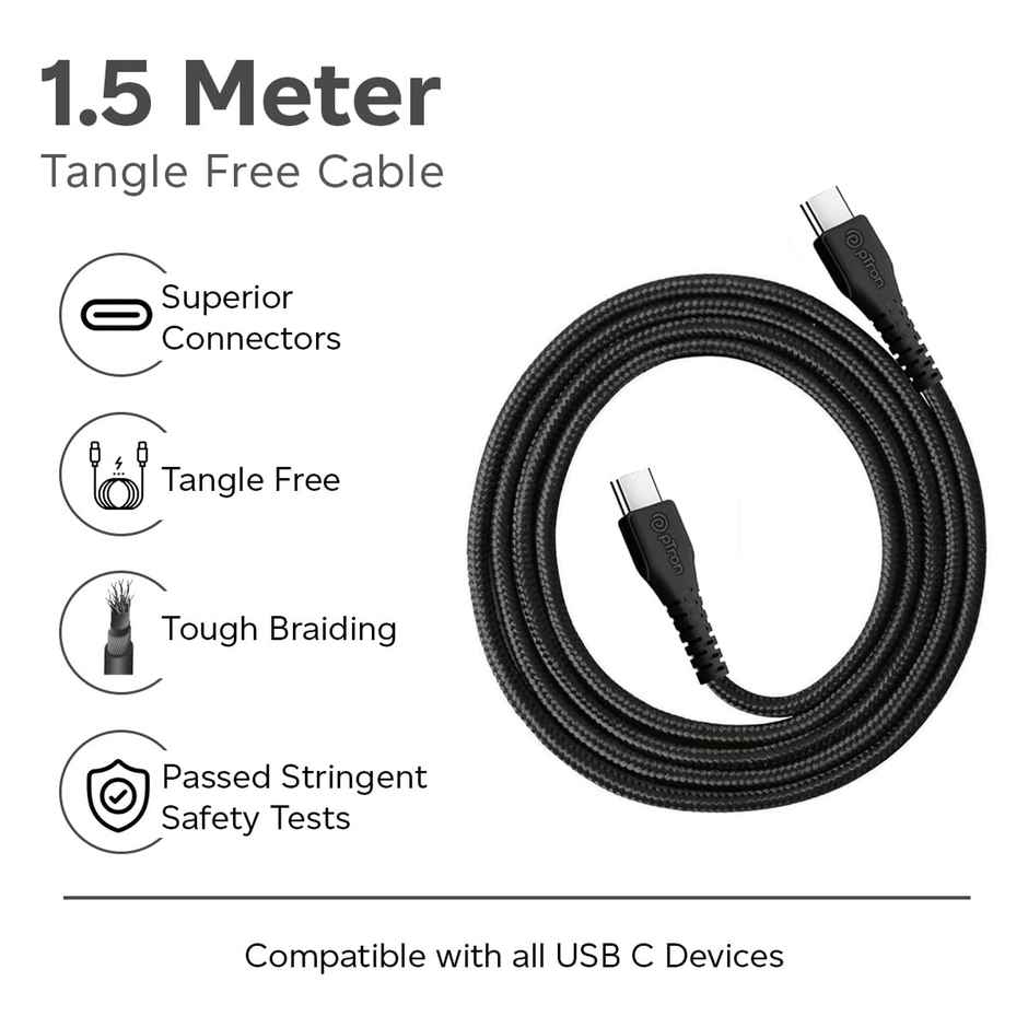pTron Solero Braid 60W Type C to C Fast Charging Cable 1.5m for Samsung, OnePlus, Oppo, Vivo, Xiaomi, Realme, IQOO & Other Devices - Unbreakable Nylon Braid, 480Mbps Sync Speed - Black