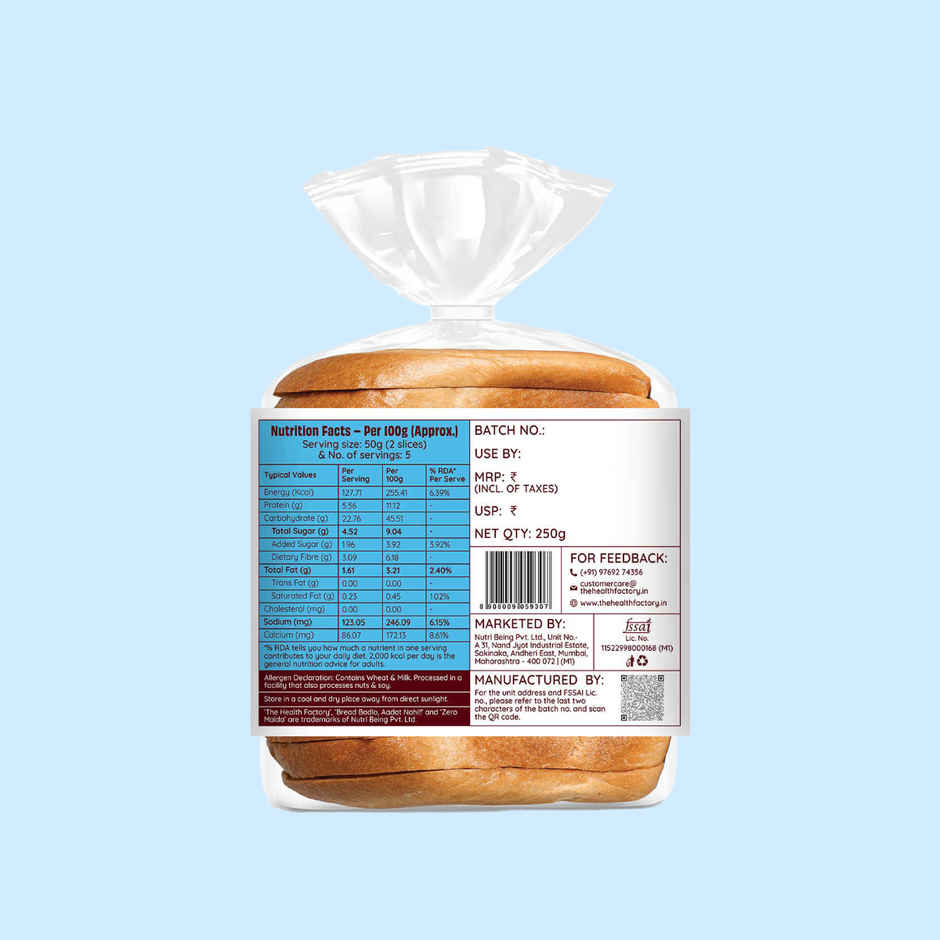 The Health Factory Milk Bread | Zero Maida | Source of Calcium & Fibre | Whole Wheat Bread