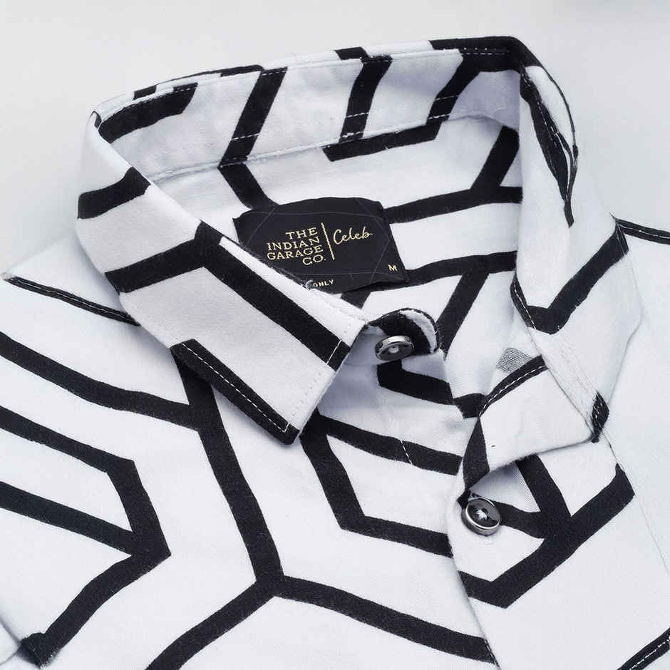 The Indian Garage Co Men's Slim Fit Geometric Print Party Shirt | White - 2XL