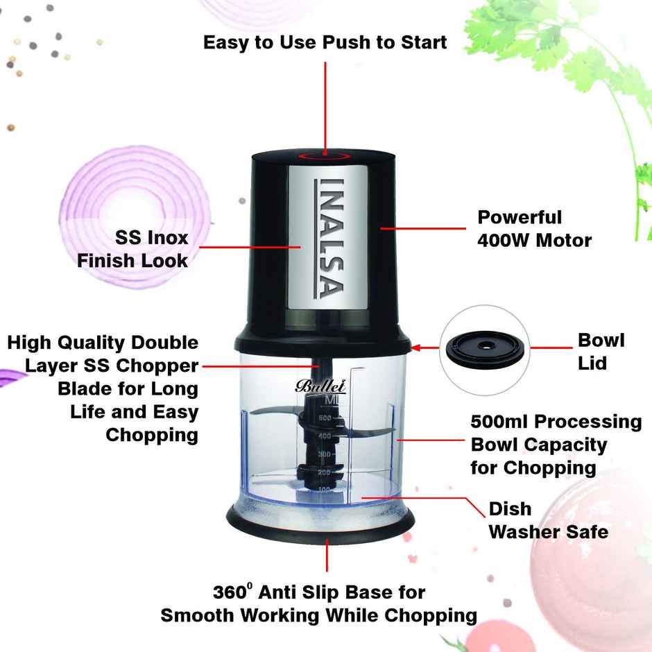 INALSA Electric Chopper for Kitchen, Bullet 400 Watts Pure Copper Motor-Black/Silver
