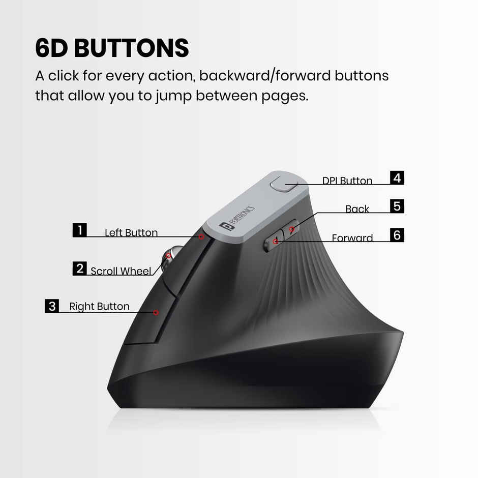 Portronics Toad Ergo vertical wireless Mouse with 6 Bottons and Ergonomic Design - Black