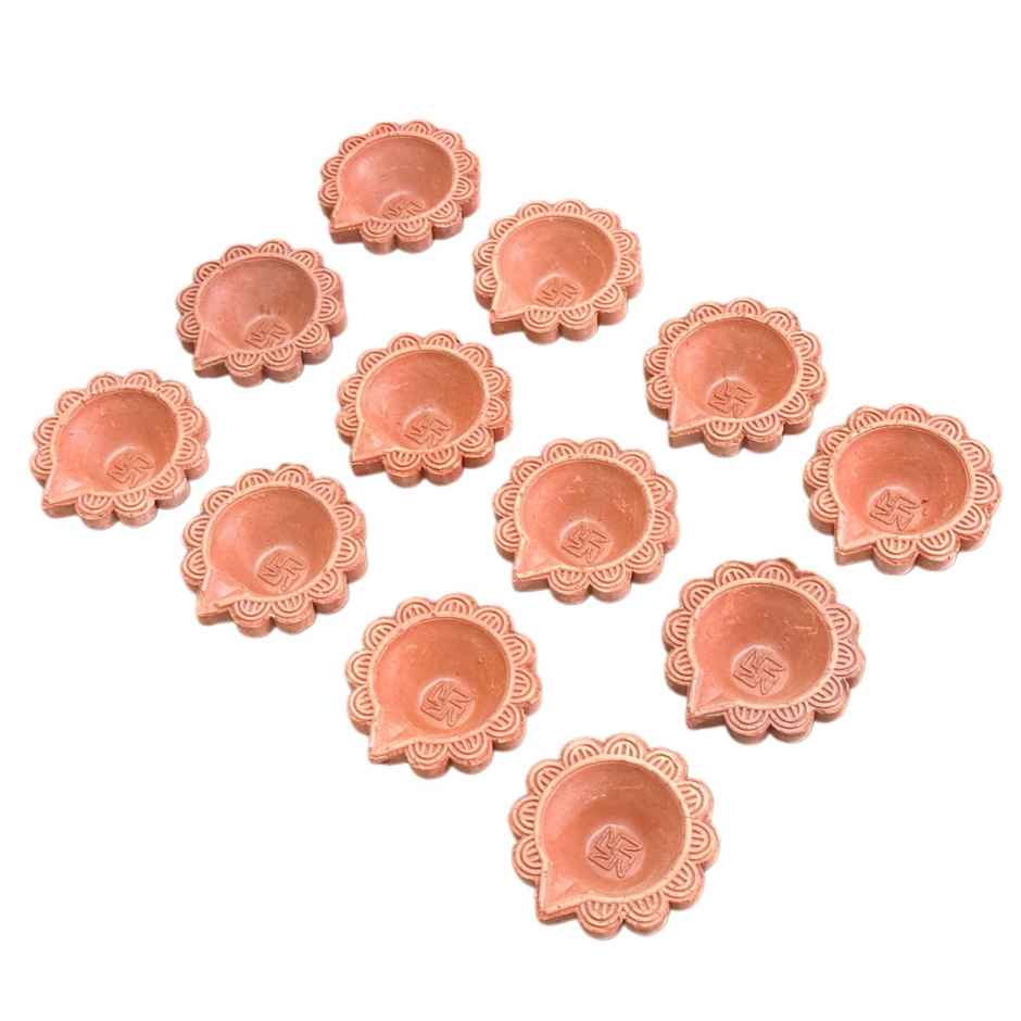 Crafted Pushp Swastik Mitti Diya | Pack of 12 | Clay Diya | DiaCraft