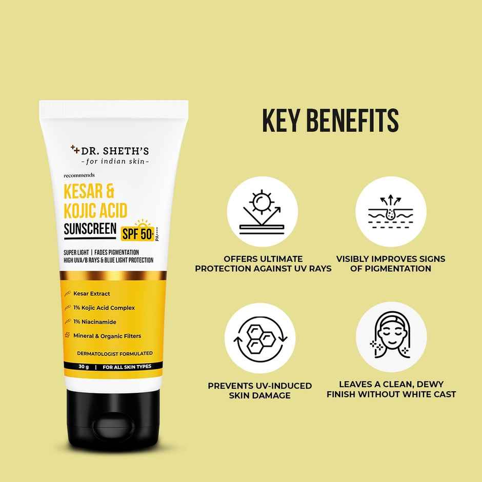 Dr. Sheth'S Kesar & Kojic Acid Oil Free Sunscreen Spf 50+ Pa++++Reduces Pigmentation, For Oily Skin