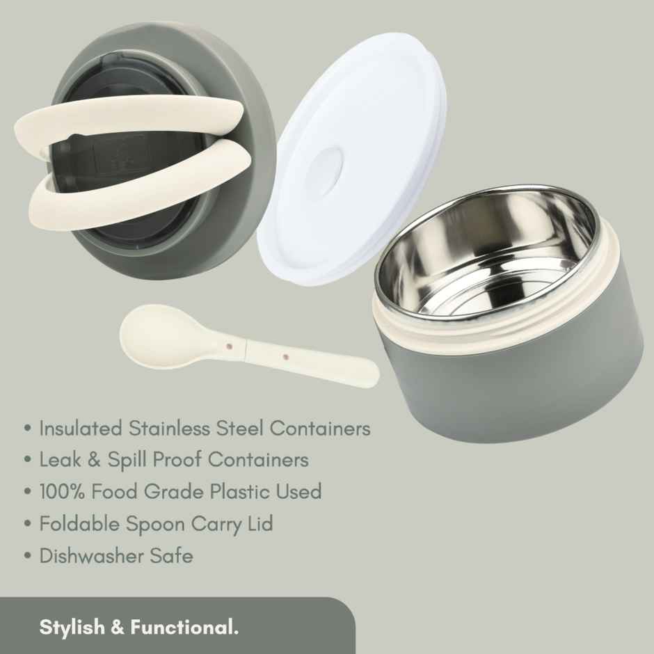 Flair Feast Lunch Box Set Gray Insulated Portable Container With Handle Attractive Spoon Carry Lid
