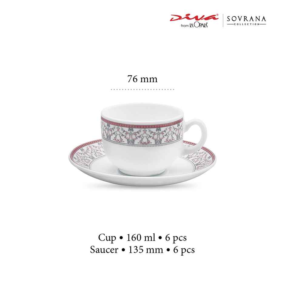 La Opala Diva Sovrana Cup & Saucer 160 ml Set of 12 Moroccan Pink Opal Glass Cups for Tea, White