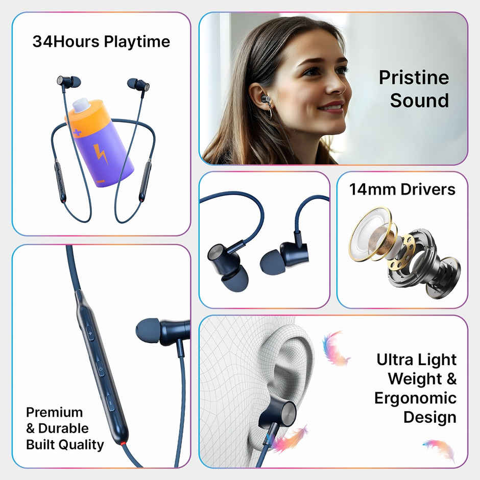 pTron Tangent Evolve Wireless Neckband With 34Hrs Playtime | Hd Mic | Pristine Sound & Bt5.3 - Blue