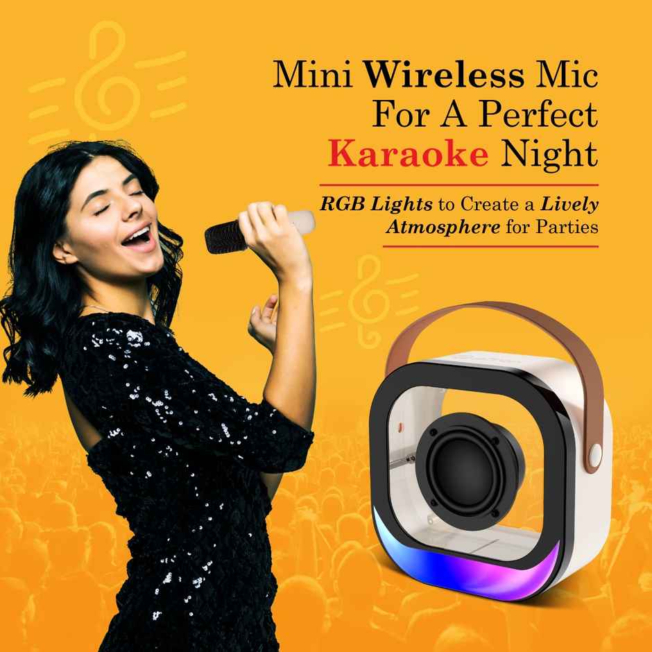 pTron Fusion Moment 10W Mini Bluetooth Speaker with Karaoke Wireless Mic & RGB Lights - Beige