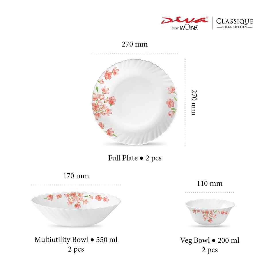 La Opala Diva Classique Dinner Set | Opal Glass Crockery for Dining | 6 Pcs - Aster Pink