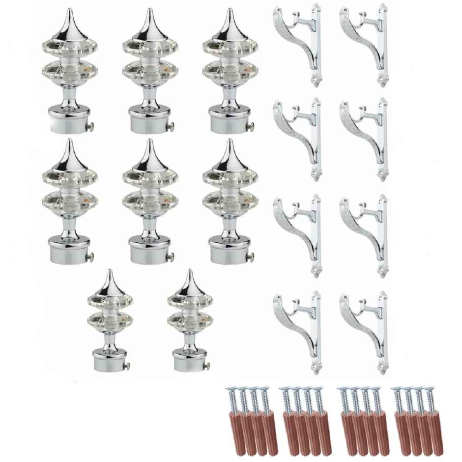 Gloxy Aluminium Double Diamond Curtain Brackets with Support Fittings 1 in Rod | Silver 4 Pair)