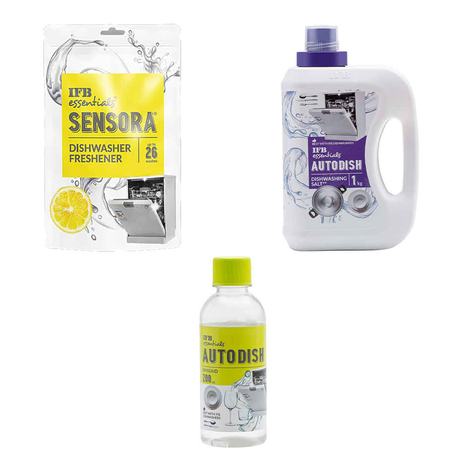 Ifb Essentials Sensora Dishwasher Freshener (1pc) & Ifb Essentials Autodish - Dishwashing Salt (1kg) & Ifb Essentials Autodish - Rinse Aid (200ml) Combo