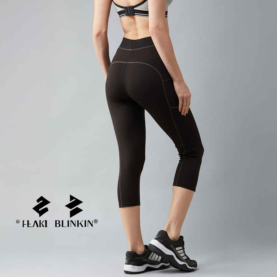 Blinkin Women's 3/4 Gym Tights - Black | Grey | With Side Pockets | Perfect For Yoga | XXl