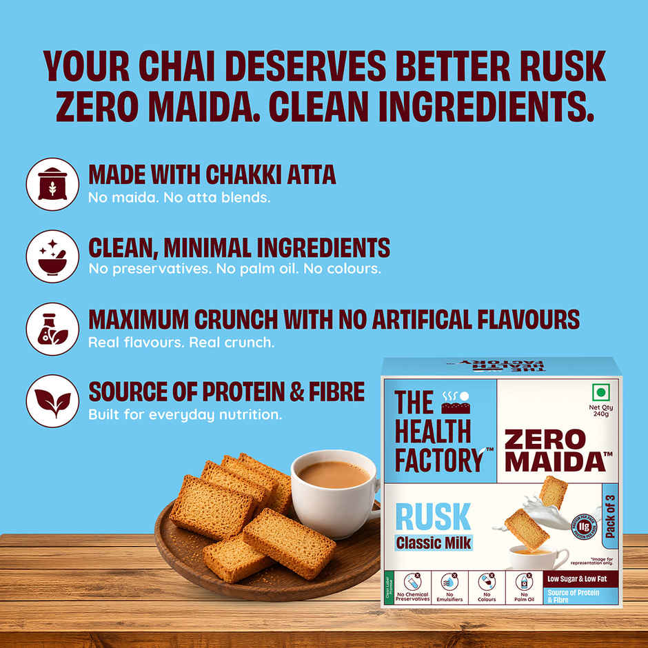 The Health Factory Milk Rusk | Zero Maida | Source of Protein & Fibre | Wheat Rusk Toast | Tea Time Snack