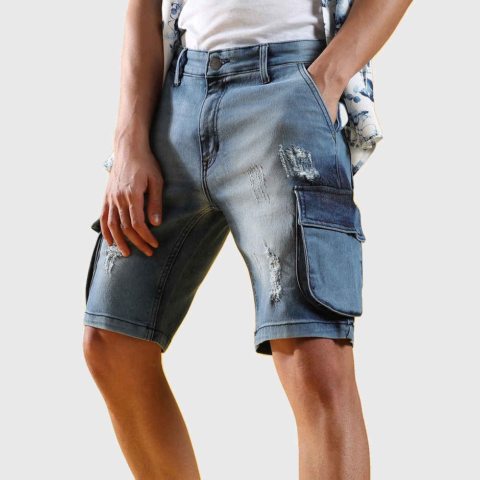 Campus Sutra Men's Distressed Cargo Denim Shorts | Blue - 36