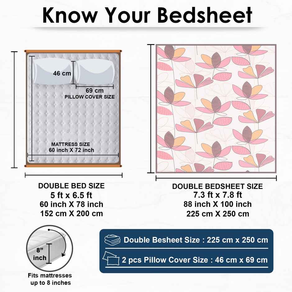 Story@home Double Cotton 152 TC Floral Flat Bedsheet | Baby Pink | 98 x 89 in