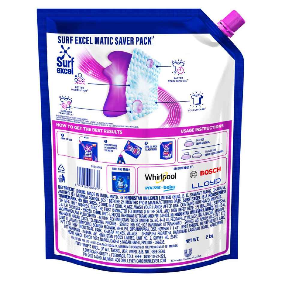 Surf Excel Matic Front Load Detergent Liquid Refill | Tough Dried Stain Removal
