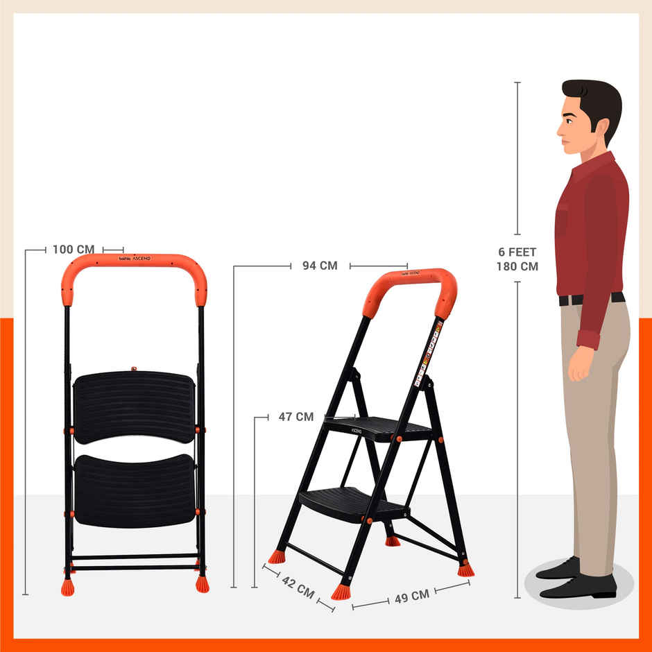 Bathla 2-Step Steel Ladder | Safety Hand Grip, Wide Anti-Slip Steps | Ascend | Orange & Black