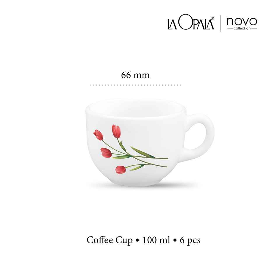 La Opala Novo Coffee Cup 120 ml Set of 6 Radiant Curves Opal Glass Cups for Tea & Coffee, White