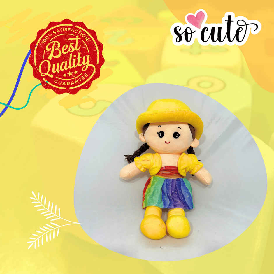 Toytales Soft Toy Doll With Yellow Hat & Rainbow Dress 45 cm | Plushie For Girls Kids | Plush Toy