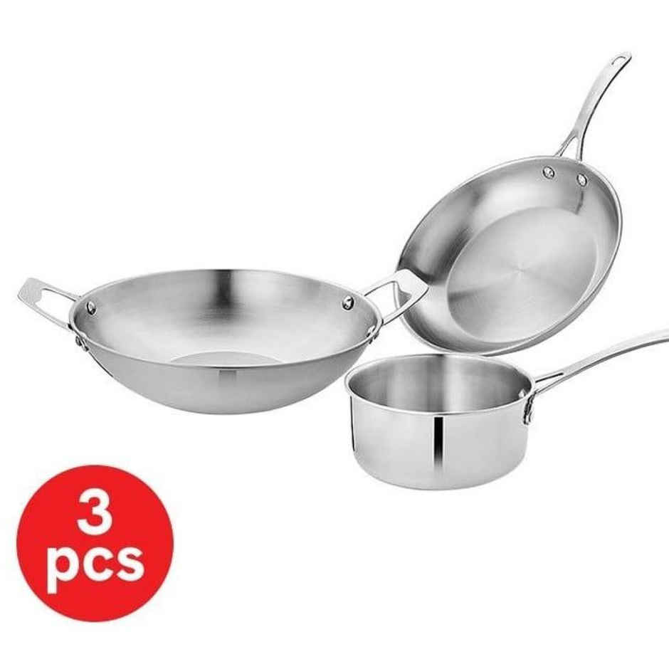 Vinayak Cookware Set (Kadai - 2600 ml Sauce Pan - 1000 ml Fry Pan - 1380 ml, Stainless Steel)