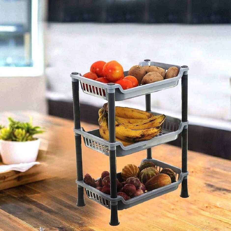 Kuber Industries Plastic 3-Layer Kitchen Rack | Multifunctional Bathroom Rack | Grey