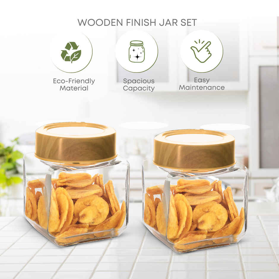 YERA GLASSWARE Premium Woody Airtight Storage Jar Set with Wooden See Through Lids - 595 ml