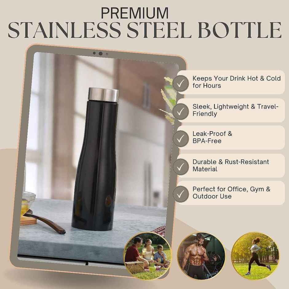 Jensons Stainless Steel Flora Water Bottle 1 Litre | Leak Proof | Black