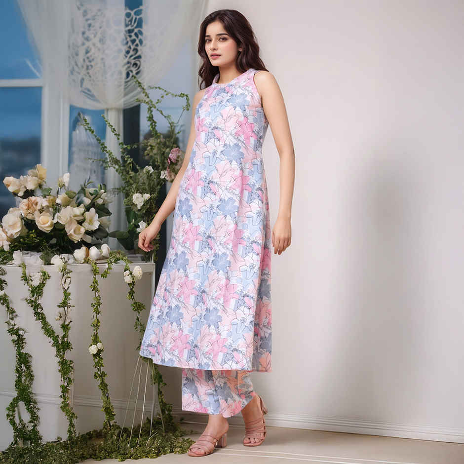 GoSriKi Women's Viscose Rayon Straight Printed Kurta with Pant | SBL | Grey - S