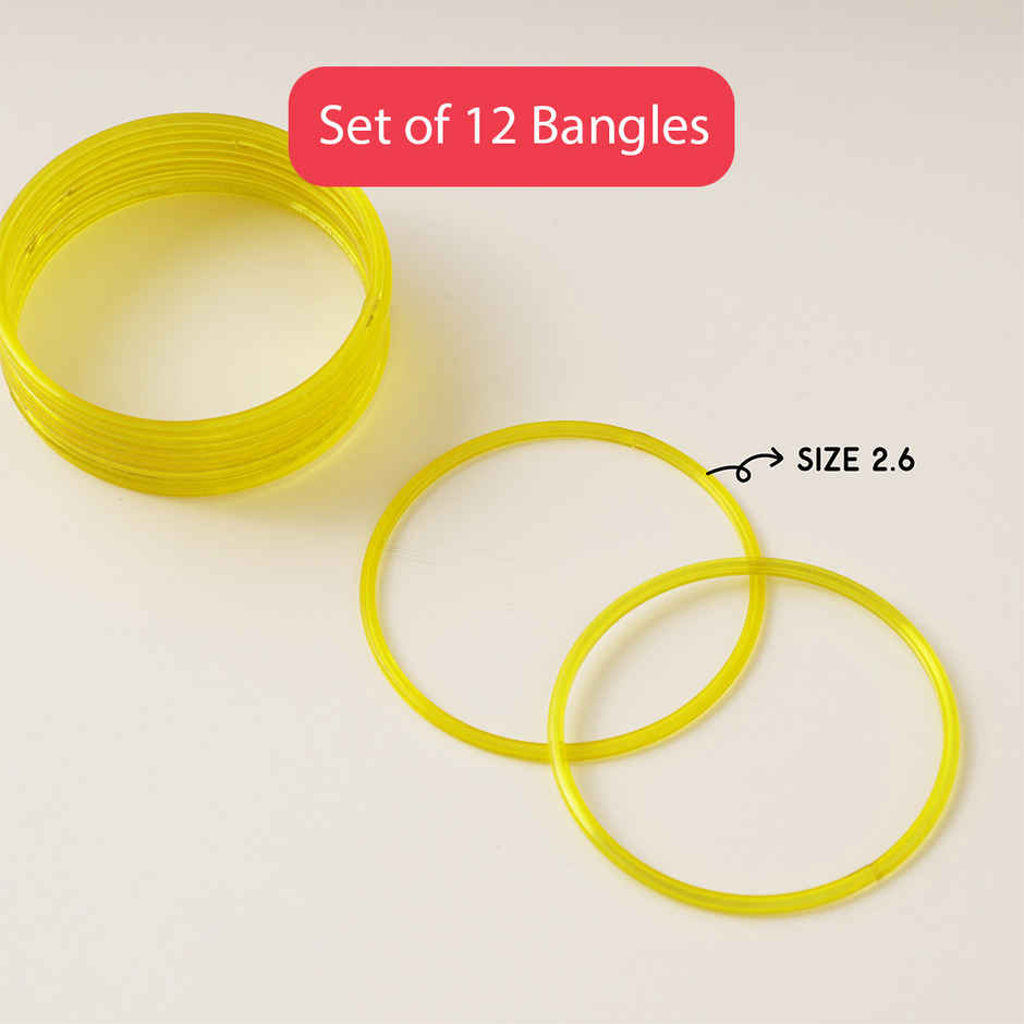 Traditional Glass Bangles | Traditional Festival Jewellery | Yellow | Pack Of 12 | Size 2.6 | Oye Happy