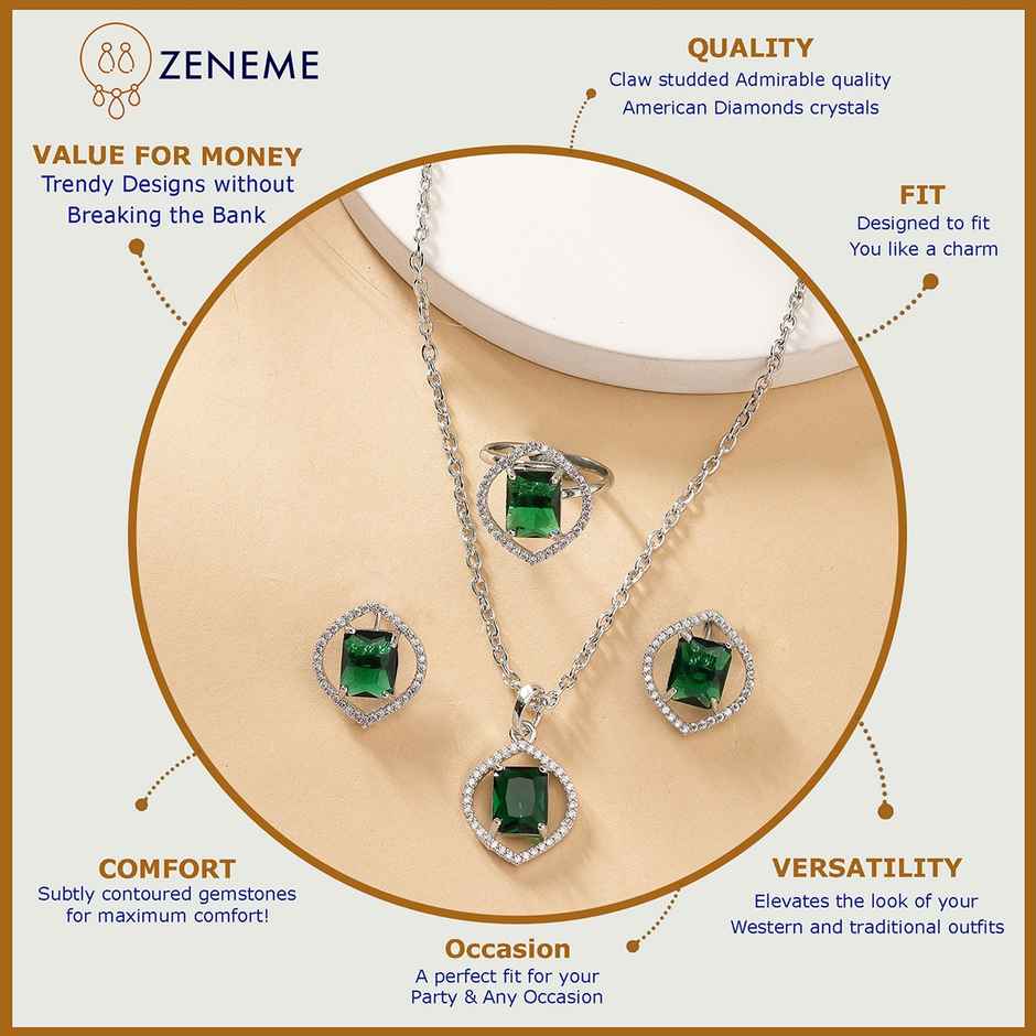 Zeneme Silver Plated AD Studded Marquise Halo Necklace and Earrings With Ring For Women & Girls