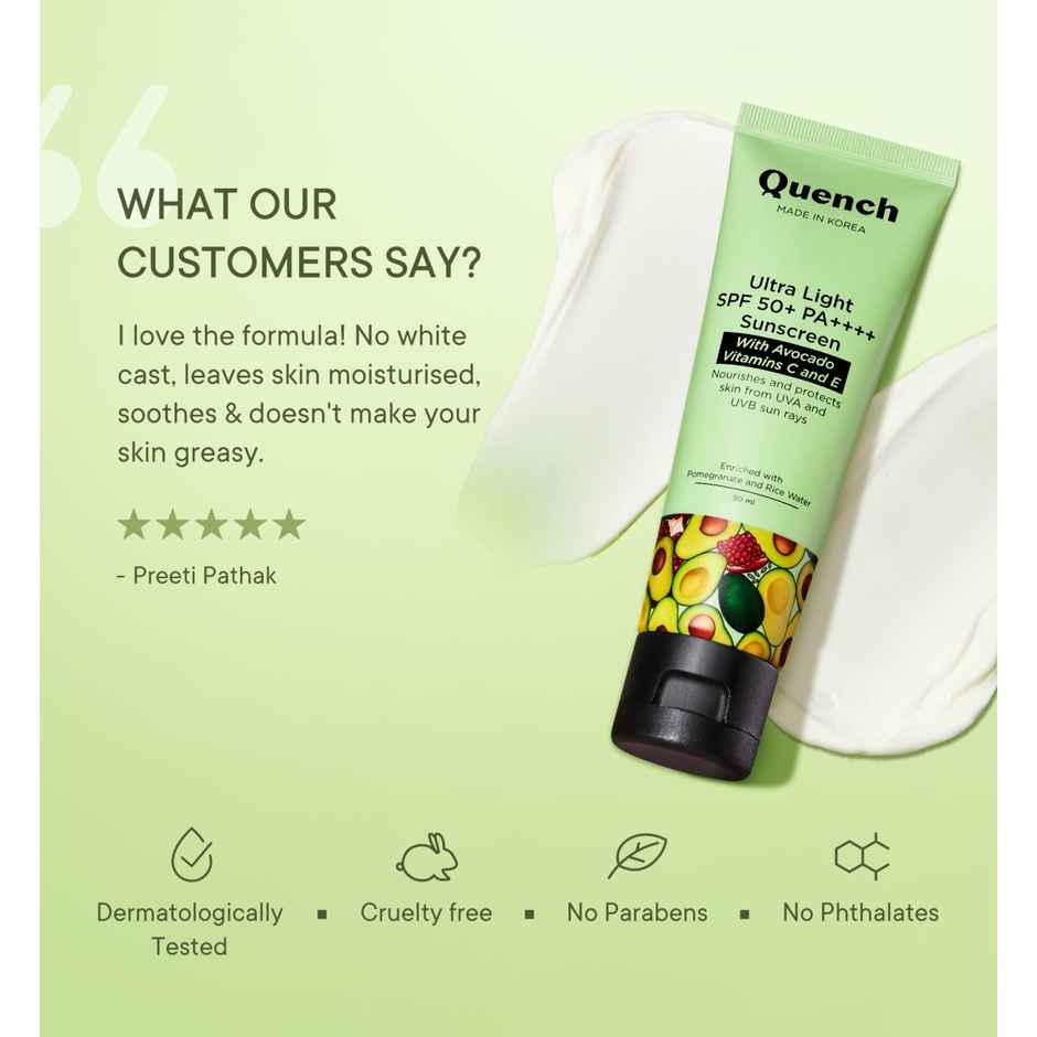 Quench SPF 50+ PA++++ Korean Sunscreen with Avocado & Vitamin E No White Cast