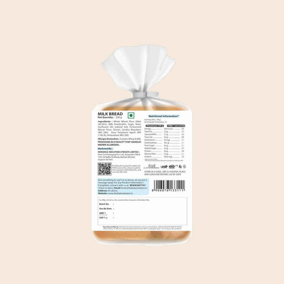 The Baker's Dozen Zero Maida Milk Bread | Atta Bread | Sandwich Bread | White Bread | Clean Label