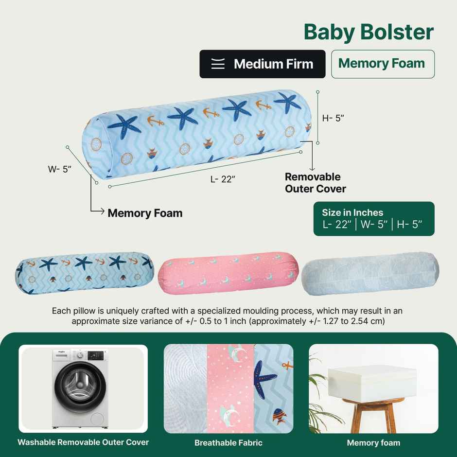 The White Willow Baby Round Bolster Pillow | Memory Foam | Side Support for Newborns - Blue