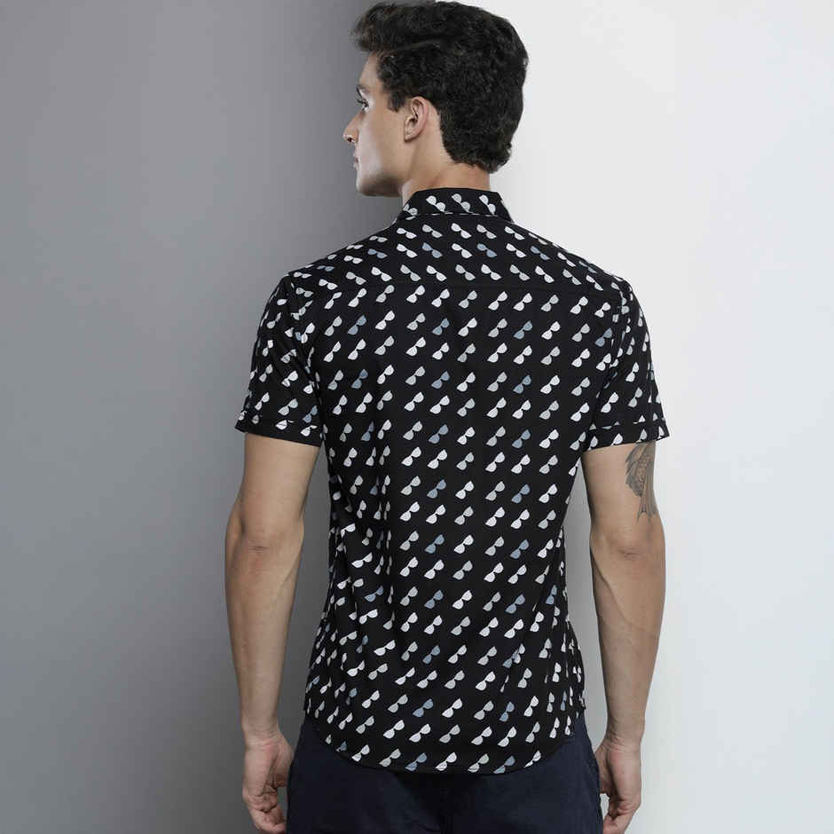 The Indian Garage Co Men's Slim Fit Conversational Print Resort Half Sleeve Shirt | Black - S