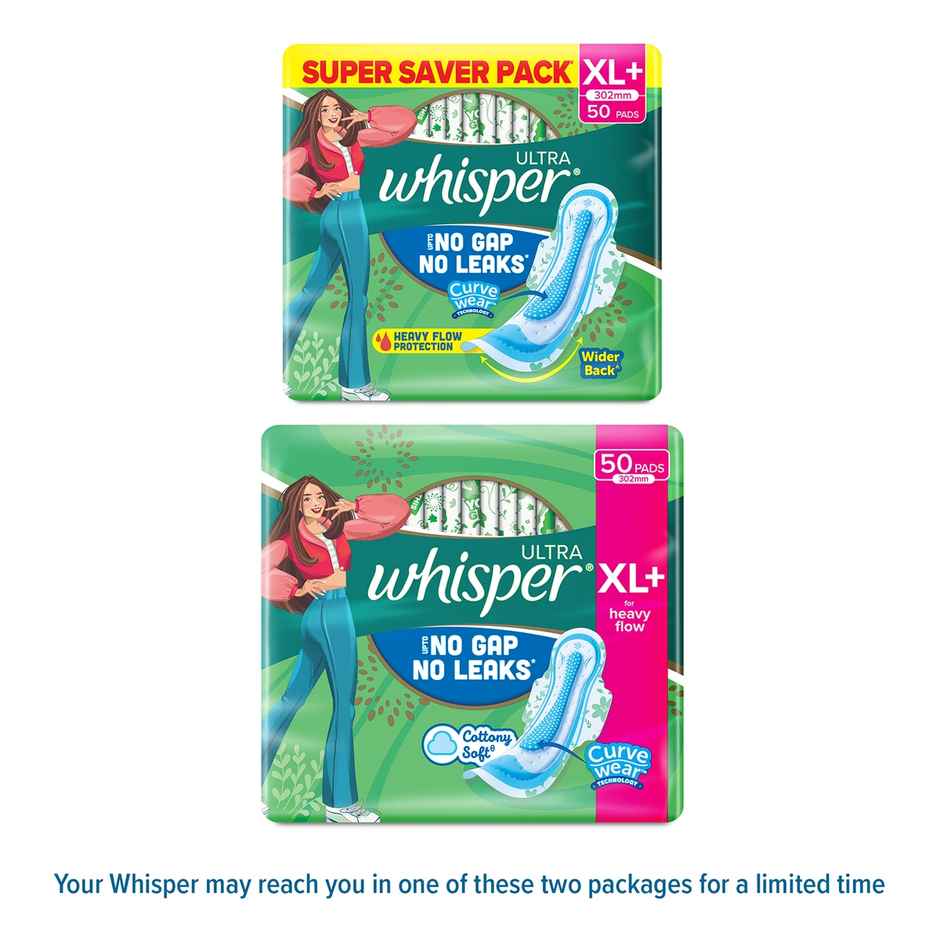 Whisper Ultra Upto No Gap No Leaks Sanitary Pads,  50 XL+ Pads  (Based on P&G Technical Data)