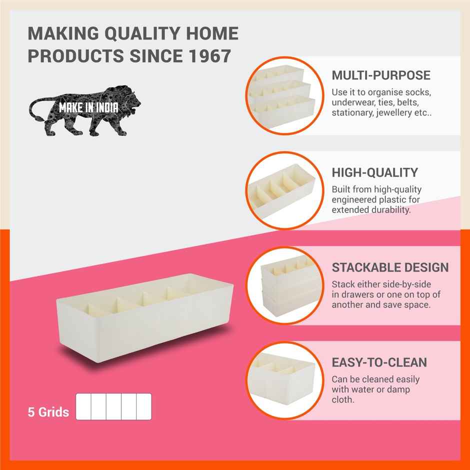 Bathla Set of 2 Drawer Organiser - Multi-purpose, Stackable, 5 Grids - DORI | Ivory