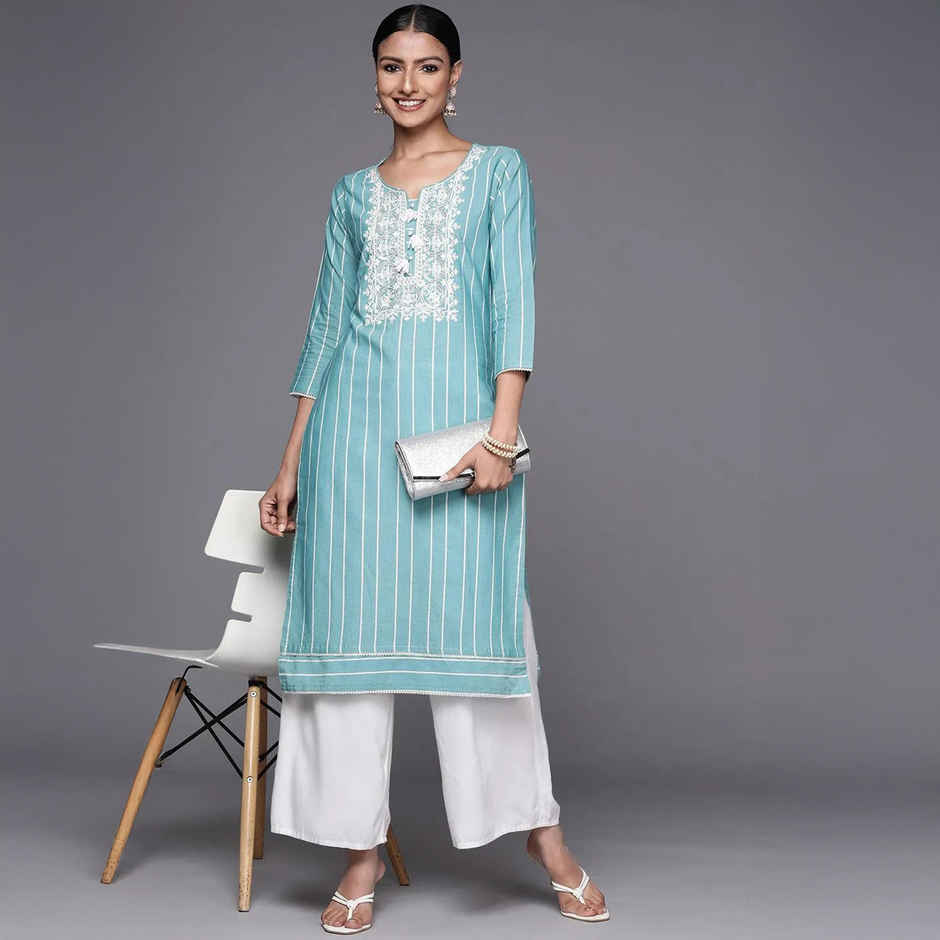 Libas Women Blue Cotton Embroidered Yoke Straight Kurta - 23637Om