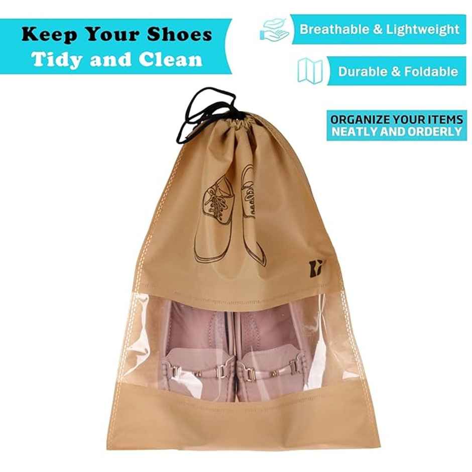 Kuber Industries Non-Woven Pack of 6 Shoe Bags for Travel with Transparent Window | Beige