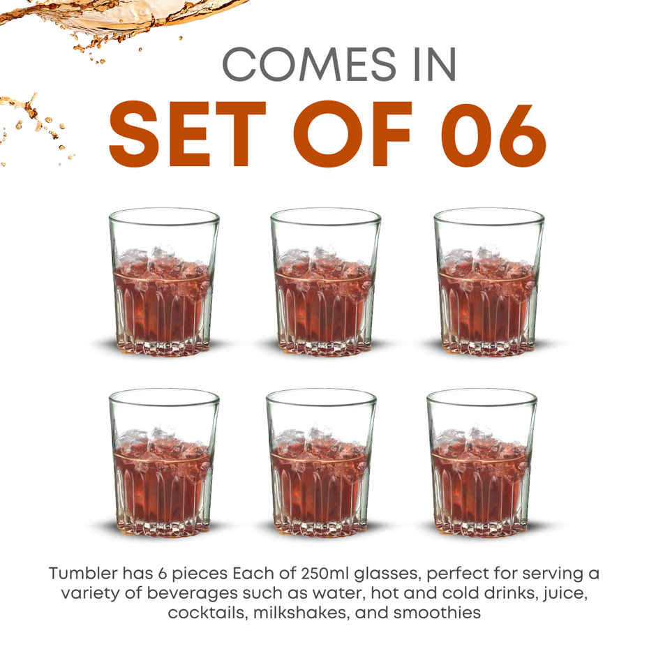 Yera Classic Design 255 ml Water/Juice Glasses Tumbler Set | 6 Pc