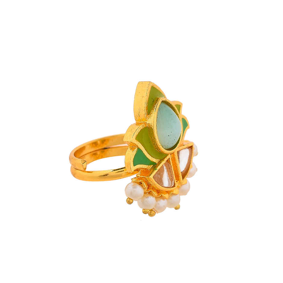 Voylla Forever More Floral Green Stone Enamelled Cocktail Ring