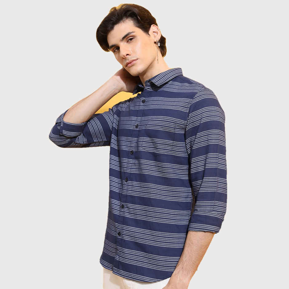 Ketch Men Slim Fit Striped Spread Collar Casual Shirt | Blue | L