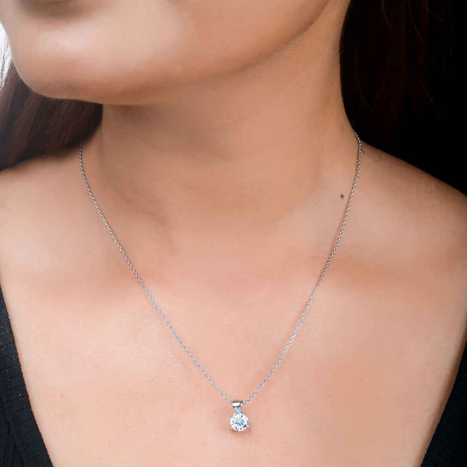 Voylla 925 Sterling Silver Cz Single Stone Pendant With Chain