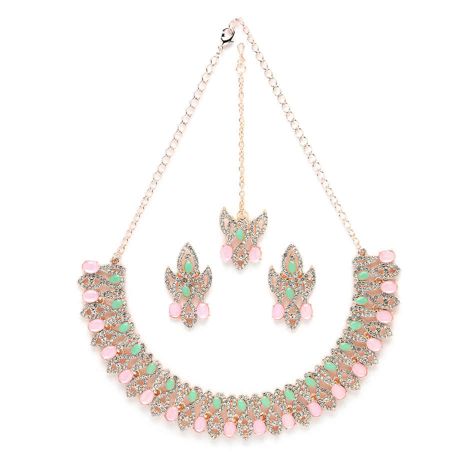 Sukkhi Drop-Dead Gold Plated Pink & Mint Green Stone Studded Choker Necklace Set